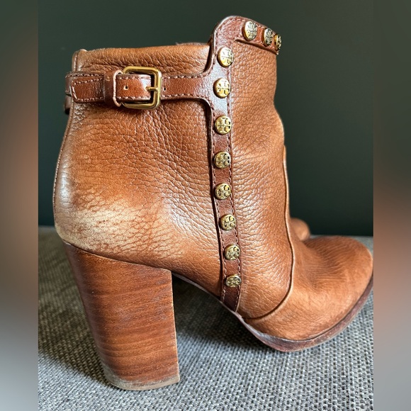 TORY BURCH Caramel Brown Leather Studded Ankle Boots - Picture 2 of 9